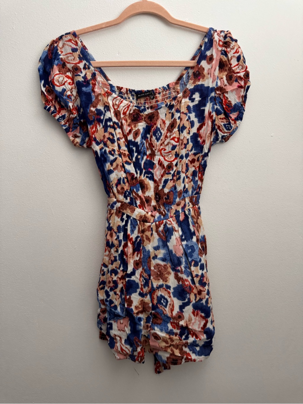 Black Tape_ Puff Sleeve Floral Tunic Romper - Blue, Brown, Pink